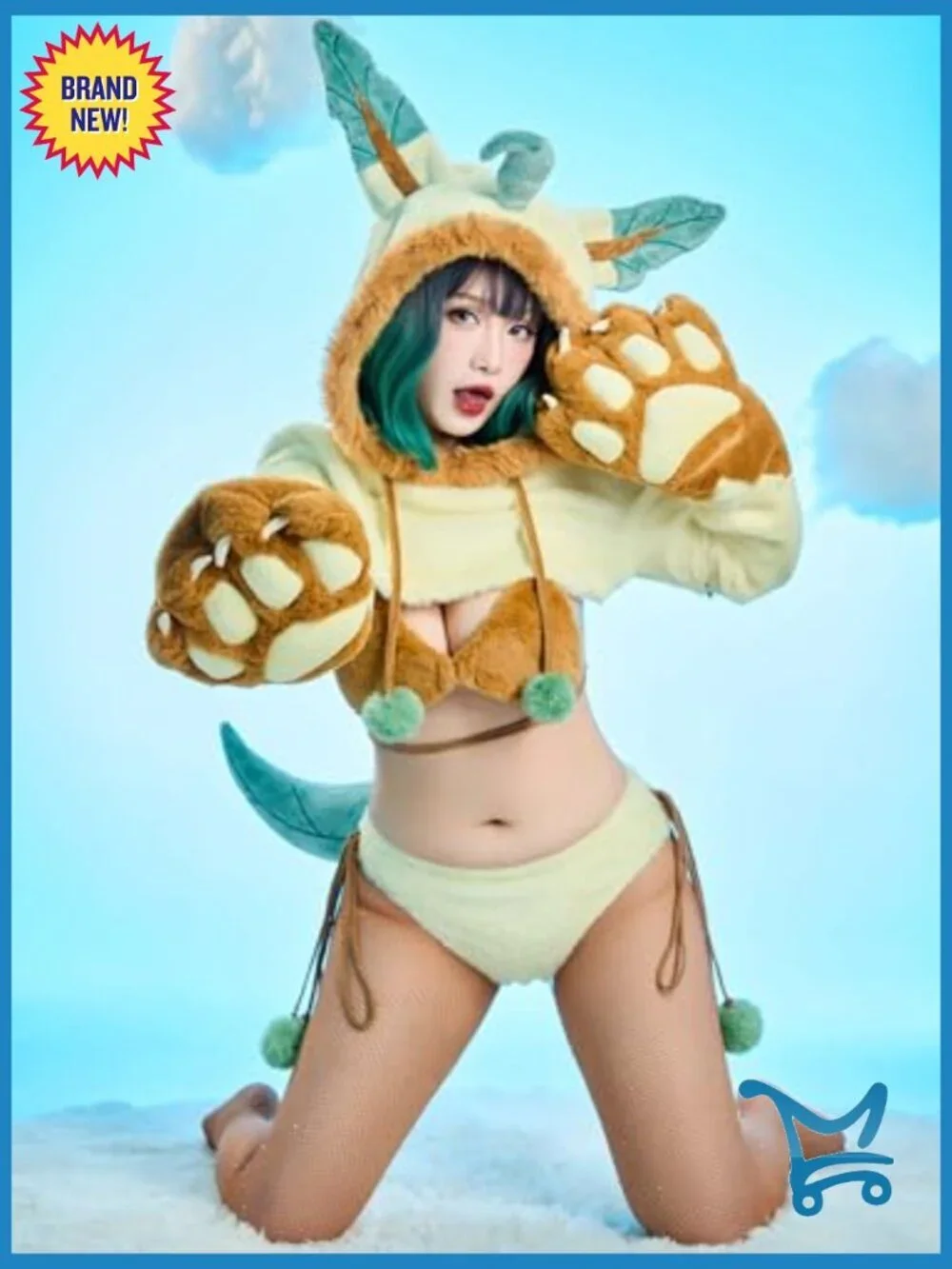 Women Anime Cosplay Lingerie Fluffy Paw Hoodie Bra Panty Set with Fishnet
